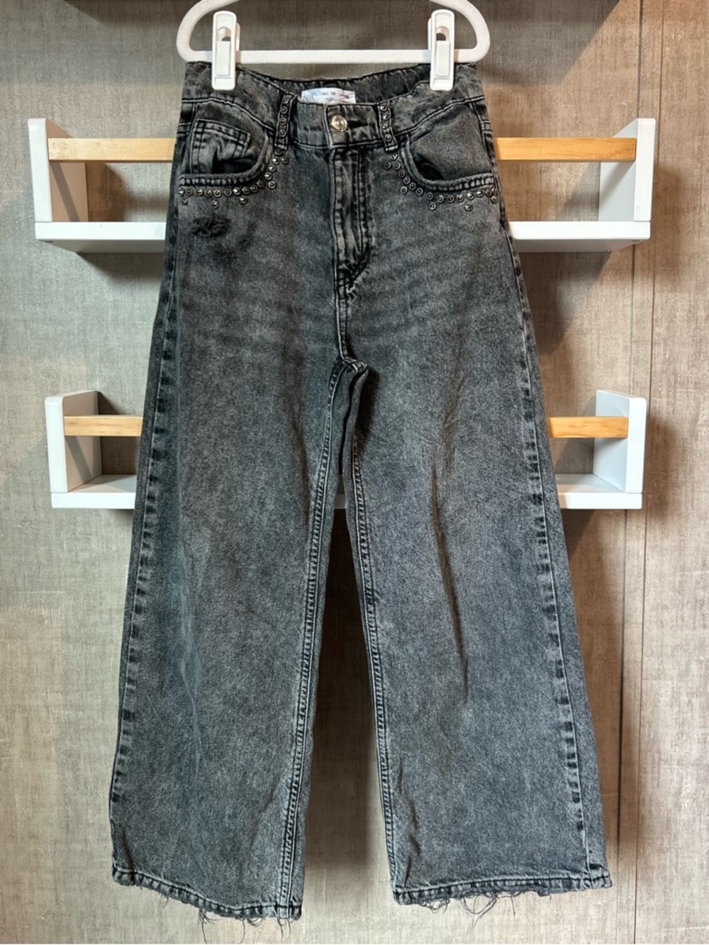 Zara Kids Acid-Wash Black Wide-Leg Jeans with Stud Trim